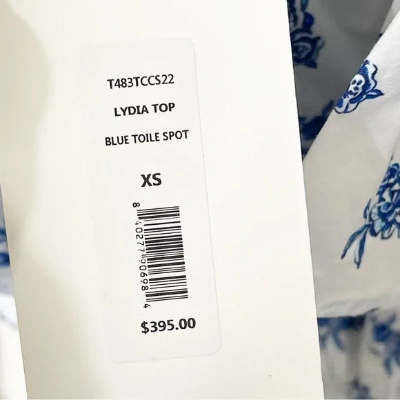 Caroline Constas Floral Off Shoulder Long Sleeves Lydia Top in Blue Toile Spot